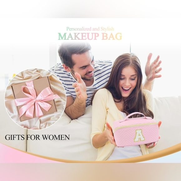 New! "T" Pink Quilted Cosmetic Makeup Bags For Travel Vacation Faux Leather - Picture 3 of 11